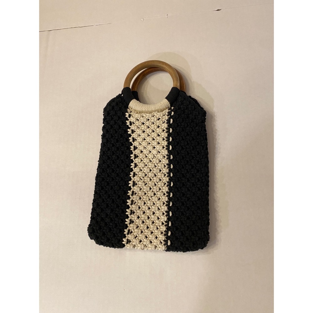 LAUDE‎ the Label Black Cream Mini Macrame Cotton Bag with Wooden Ring Handles